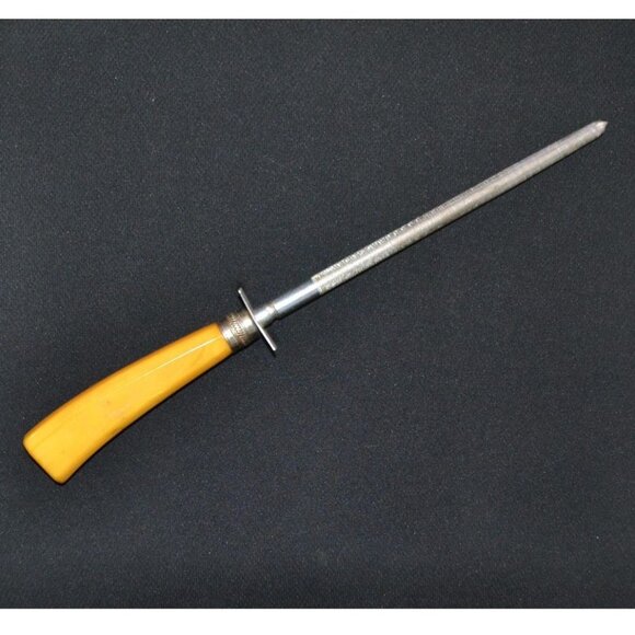 Vintage Knife Sharpener With Yellow Bakelite Handle Kitchen Tools Retro Decor - Picture 1 of 3